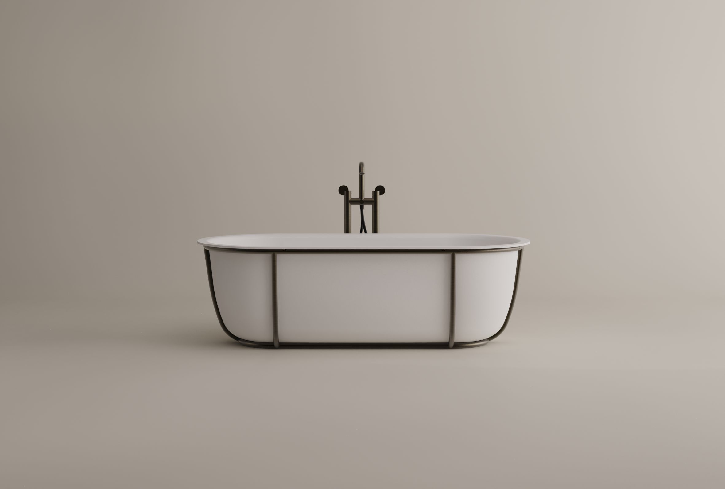 Cuna Badewanne von Agape, Design Patricia Urquiola, freistehend in Weiß mit schwarzer Edelstahl-Struktur und passender Armatur