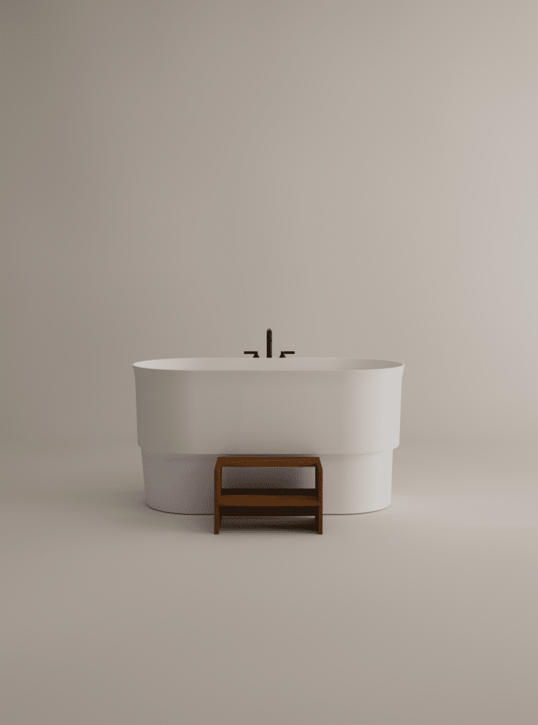 Immersion Badewanne von Agape, Design Neri&Hu, freistehend aus weißem Cristalplant biobased und Holz Inlay