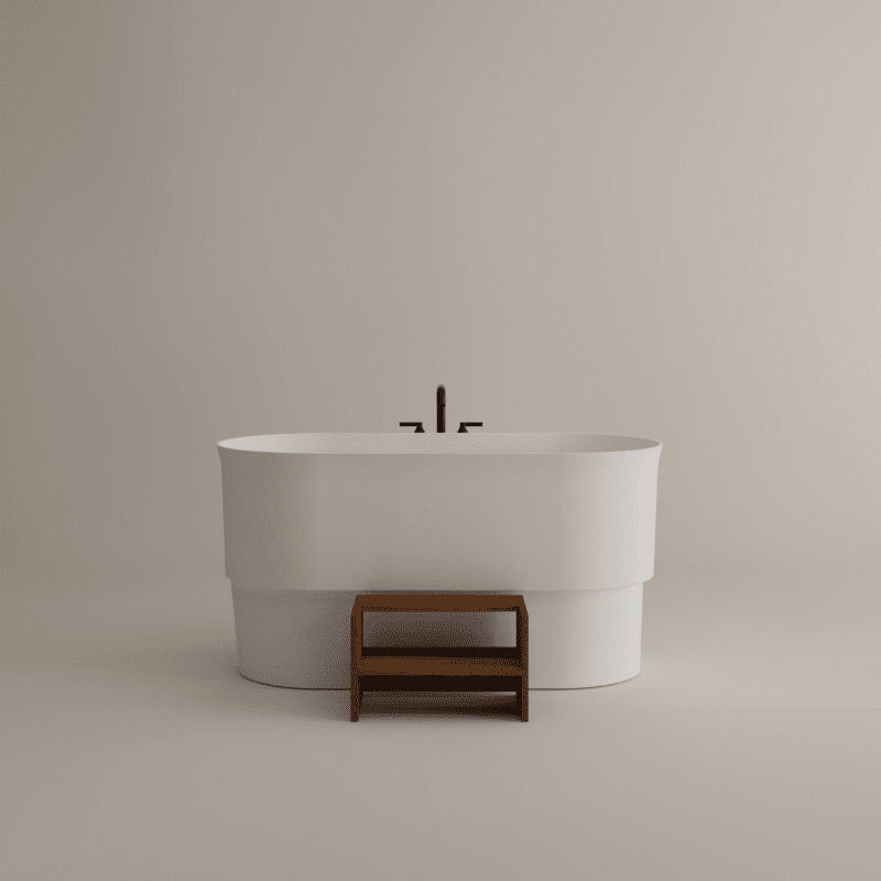 Immersion Badewanne von Agape, Design Neri&Hu, freistehend aus weißem Cristalplant biobased und Holz Inlay