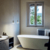 Neb Badewanne von Agape, Design Neri&Hu, freistehend aus weißem Cristalplant im Badezimmer
