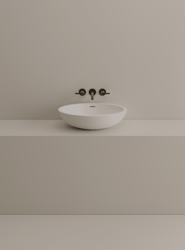 Agape Spoon XL Aufsatzwaschbecken, definierend Luxus und Stil neu, im minimalistisch-modernen Stil mit matter Wandarmatur. Dieses Aufsatzwaschbecken ist verfügbar in weißem Cristalplant® biobased.
