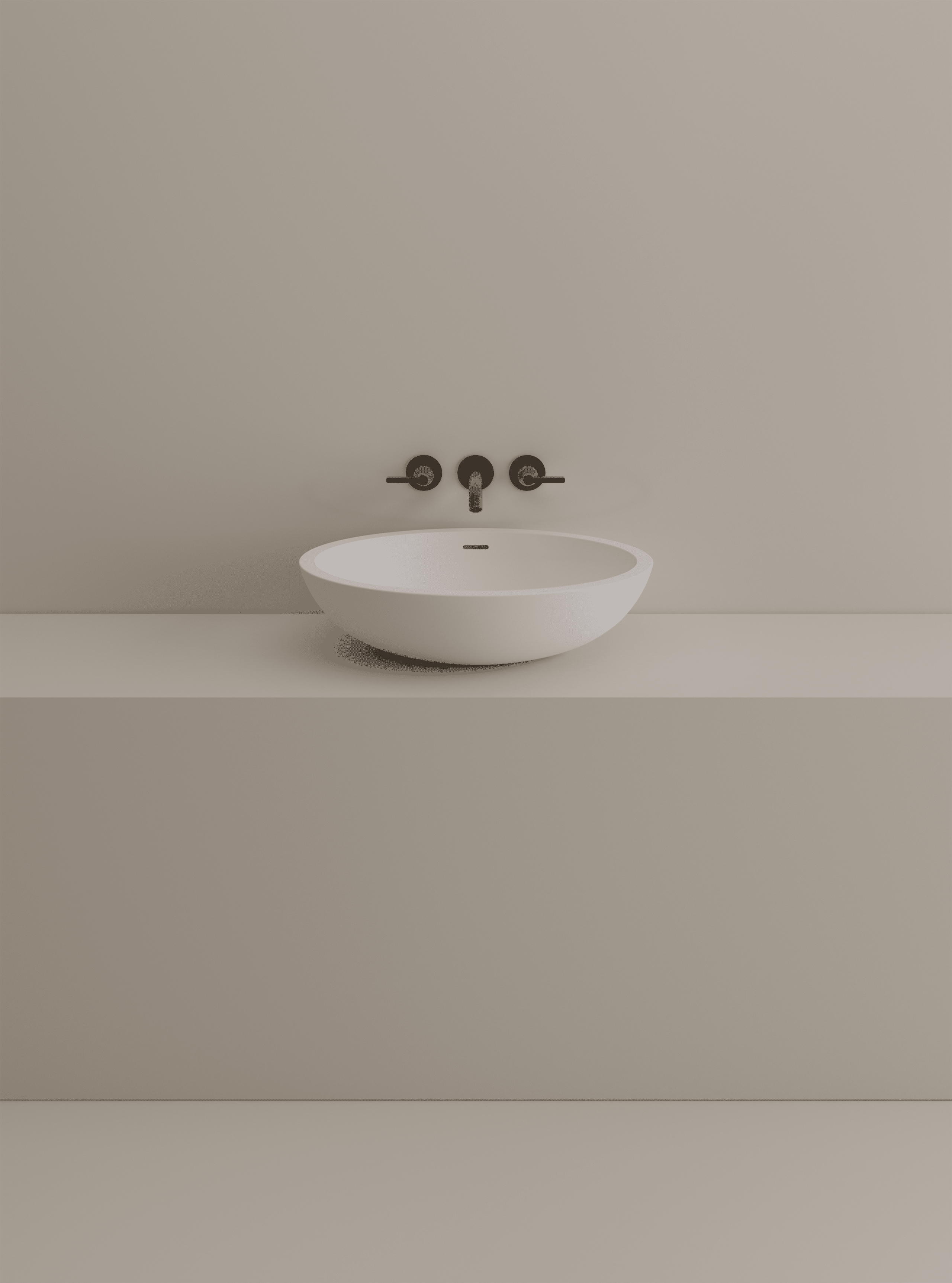 Agape Spoon XL Aufsatzwaschbecken, definierend Luxus und Stil neu, im minimalistisch-modernen Stil mit matter Wandarmatur. Dieses Aufsatzwaschbecken ist verfügbar in weißem Cristalplant® biobased.