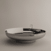 Runde freistehende Badewanne Ufo von Agape, aus glänzendem Edelstahl mit weißer Cristalplant® biobased Rückstütze, Design Benedini Associati, vor einem neutralen, hellbraunen Hintergrund.