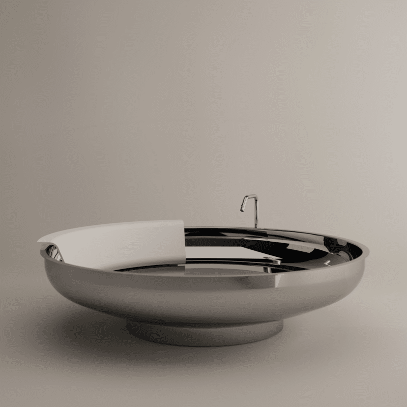 Runde freistehende Badewanne Ufo von Agape, aus glänzendem Edelstahl mit weißer Cristalplant® biobased Rückstütze, Design Benedini Associati, vor einem neutralen, hellbraunen Hintergrund.