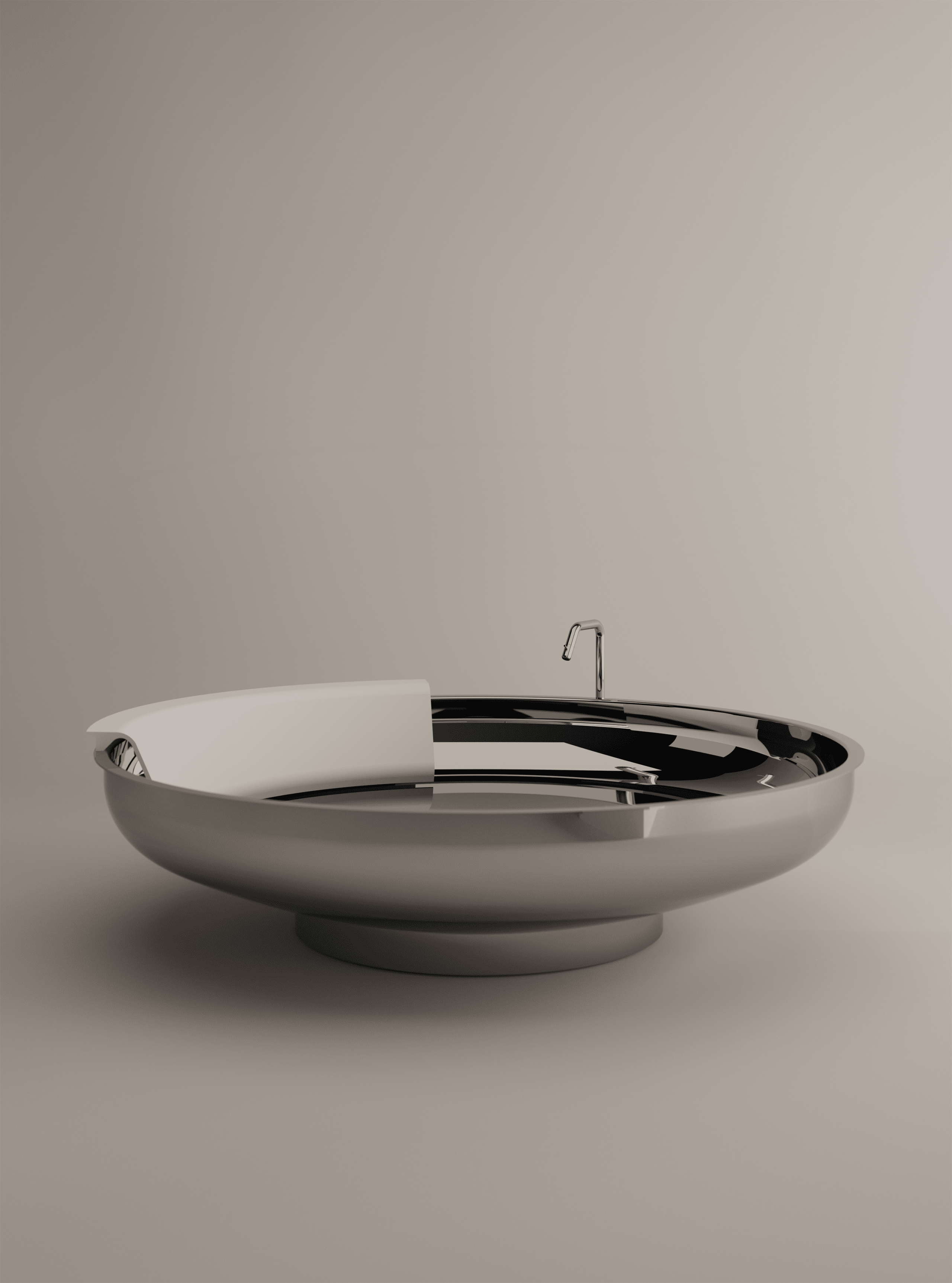 Runde freistehende Badewanne Ufo von Agape, aus glänzendem Edelstahl mit weißer Cristalplant® biobased Rückstütze, Design Benedini Associati, vor einem neutralen, hellbraunen Hintergrund.