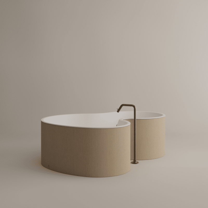 DR Badewanne von Agape, Design Studio MK27, freistehend, beige Pappel-Schichtholz Außenverkleidung