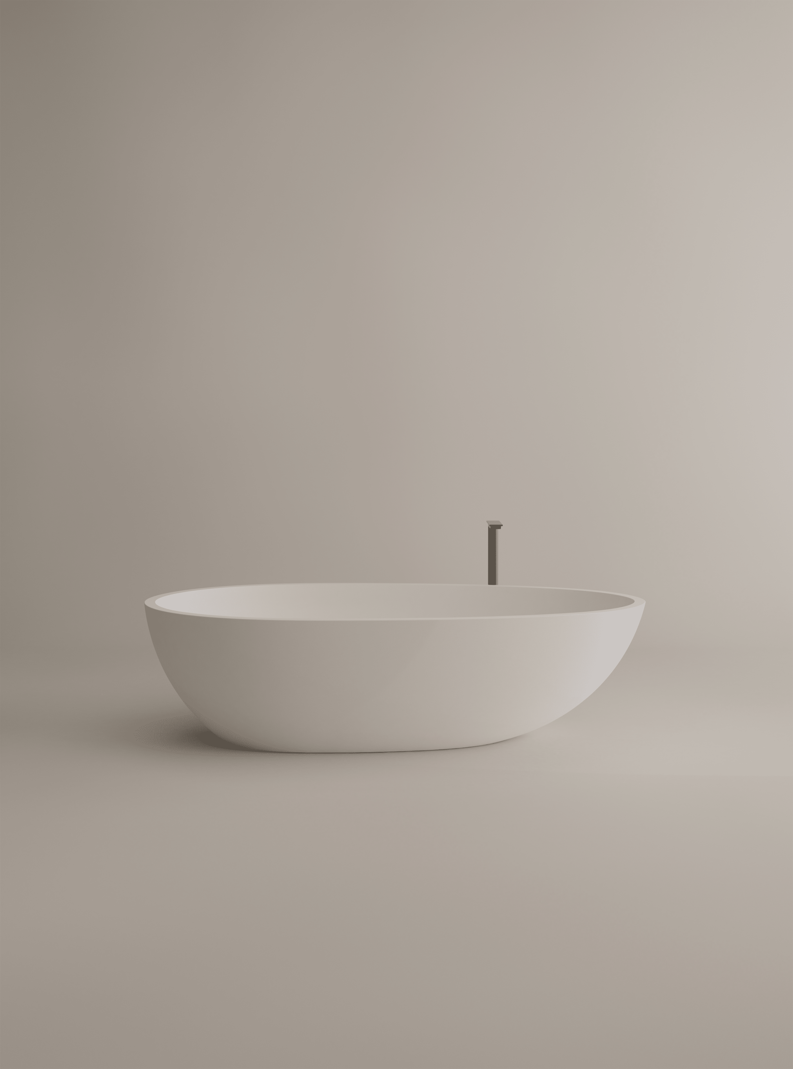 Freistehende Badewanne Spoon M von Agape in reinem Weiß aus Cristalplant biobased Mineralguss, Design Benedini Associati, mit schlankem Rand und schwarzer Armatur.