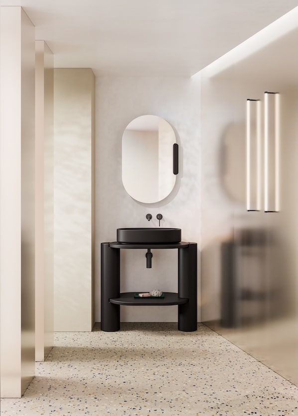 Alice Ceramica Idilla Waschbecken-Struktur mit rundem Becken, schwarz matt mit offenem Regal