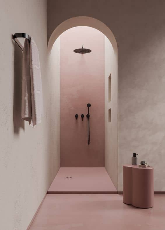 Alice Ceramica Katai Duschwanne bodeneben, rosa Cast Marble, strukturierte Steinoptik