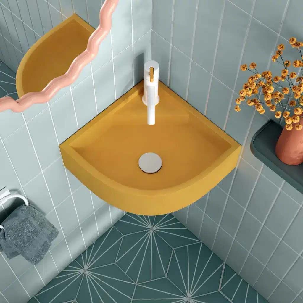 Kast Concrete Basins Demi Eckwaschbecken kompakt wandmontiert, ocker gelb Sandcastle, raumsparend für kleine Badezimmer