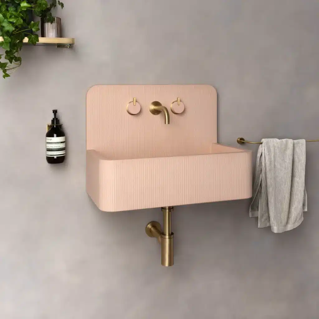 Kast Concrete Basins Elm Eimer-Waschbecken wandmontiert, pfirsichfarben Peach, Nadelstreifenmuster Spritzschutzwand
