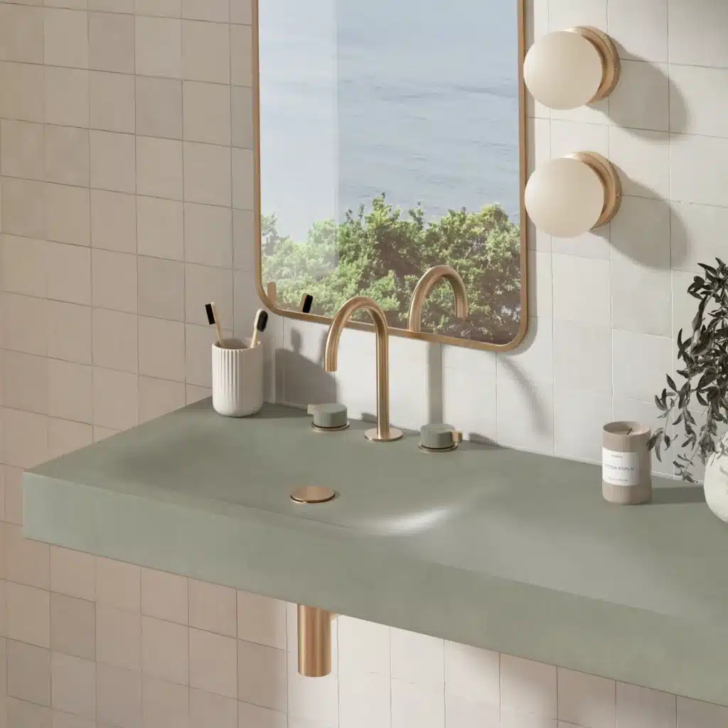 Kast Concrete Basins Lars Waschbecken Detailansicht, mintgrün salbeigrün, sanft skulptiertes Becken minimalistisch