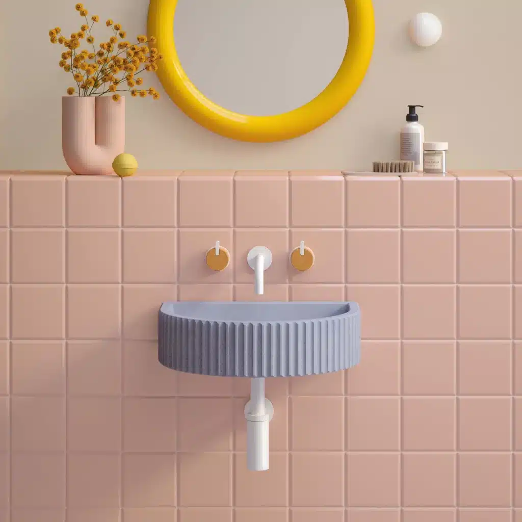Kast Concrete Basins Luna Waschbecken halbkreisförmig wandmontiert, lavendel Heather, gerilltes Außenmuster